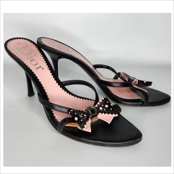 DIOR vintage 38 woman black & pink Leather LOGO bow stiletto Sandals Authentic - Picture 1 of 5